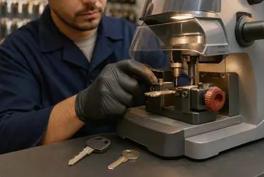 Chaveiro copiando uma chave em uma loja de chaveiro em Cubatão.