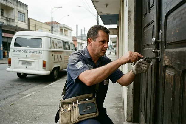 Chaveiro tentando abrir uma porta trancada em Cubatão.